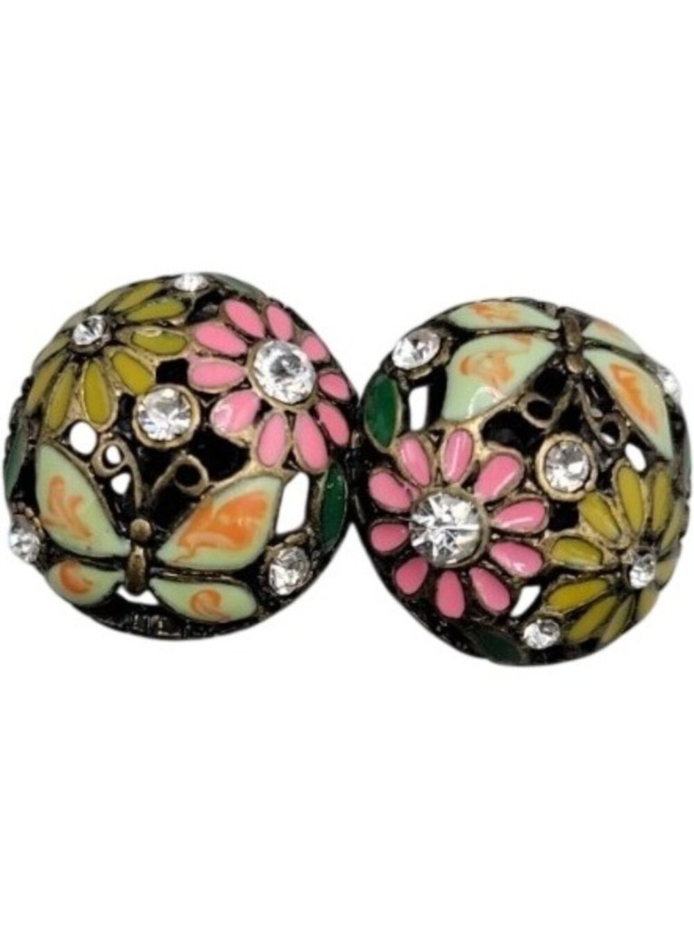 Cloisonne Butterfly Flower Button Earrings Rhinestone Dome Post Pierced Ears
